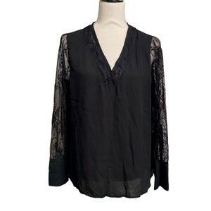 Catherine Malandrino Black Lace Blouse Sheer Floral Sleeves V-Neck Top Size L